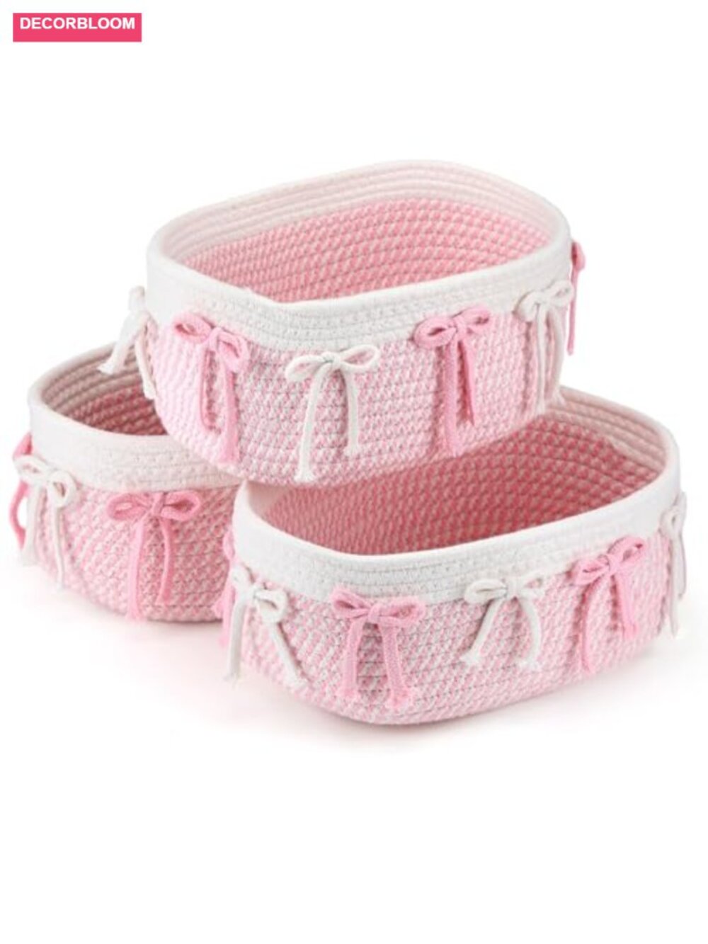 3 Pc Woven Rope Storage Organizer Bins with Bows Gift Basket Set
